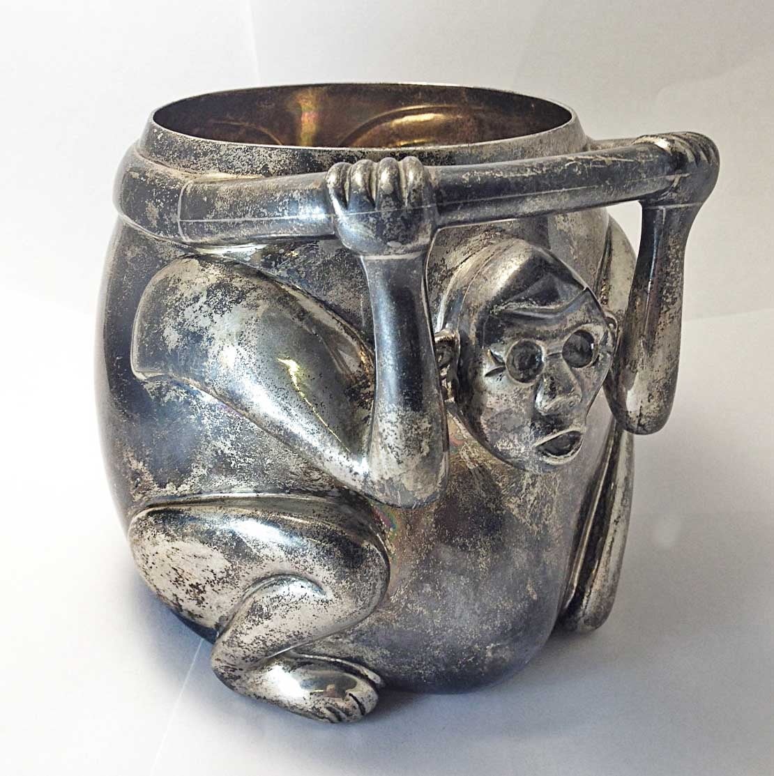 Tane Sterling Pure Silver Vase or Bowl, Pre Columbian Figure Monkey In Good Condition In 0, Cuauhtemoc
