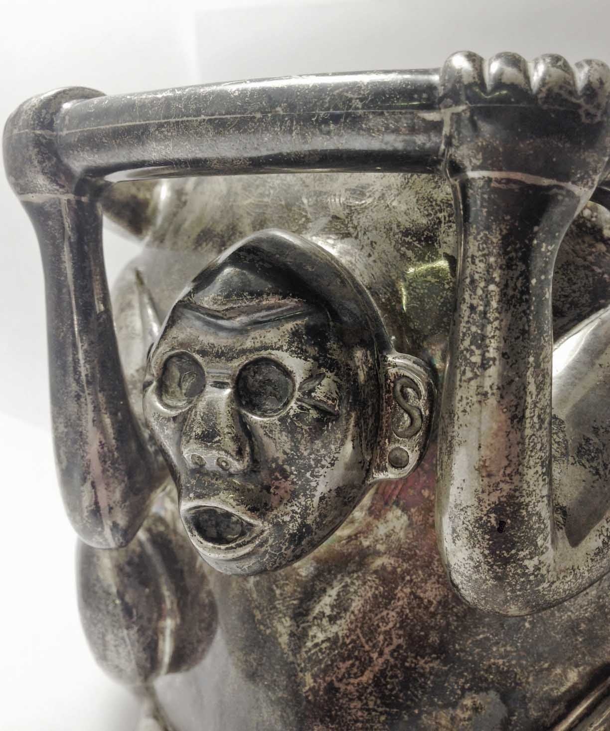 Sterling Silver Tane Sterling Pure Silver Vase or Bowl, Pre Columbian Figure Monkey