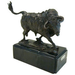 Heriberto Juarez,  bull sculpture with label.