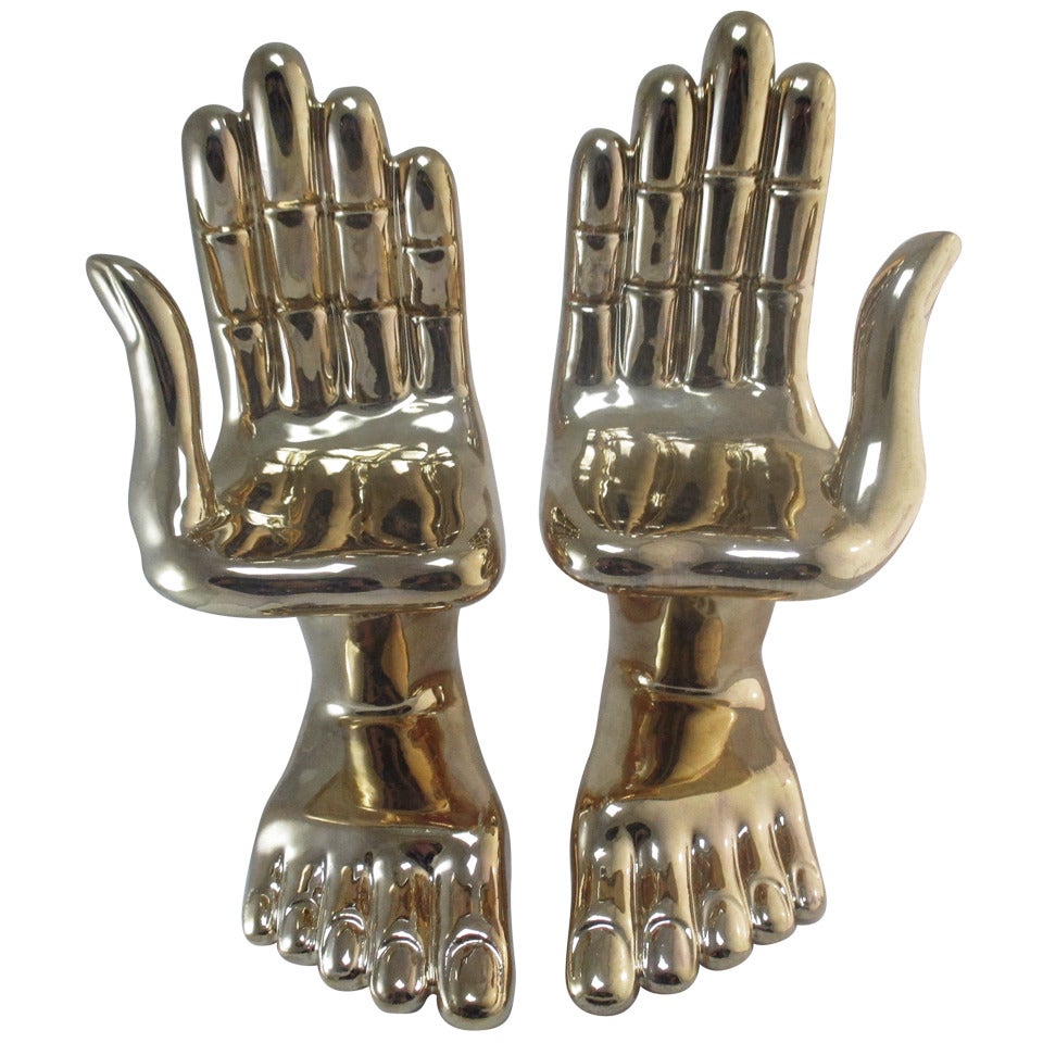 Pair of Pedro Friedeberg Hand/Foot Sculpture Porcelain 22K Gold Wash For Sale