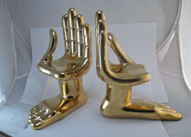 Mexican Pair of Pedro Friedeberg Hand/Foot Sculpture Porcelain 22K Gold Wash For Sale