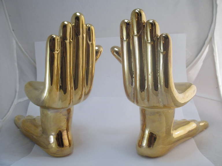 Late 20th Century Pair of Pedro Friedeberg Hand/Foot Sculpture Porcelain 22K Gold Wash For Sale
