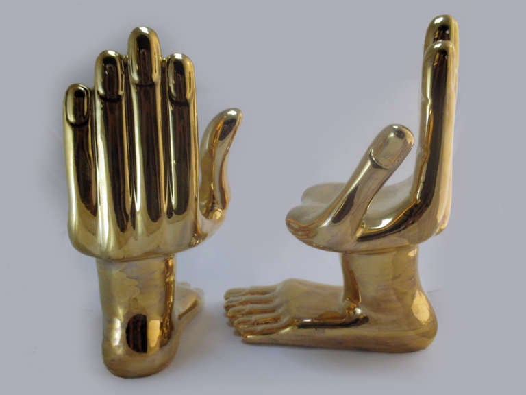 Pair of Pedro Friedeberg Hand/Foot Sculpture Porcelain 22K Gold Wash For Sale 1