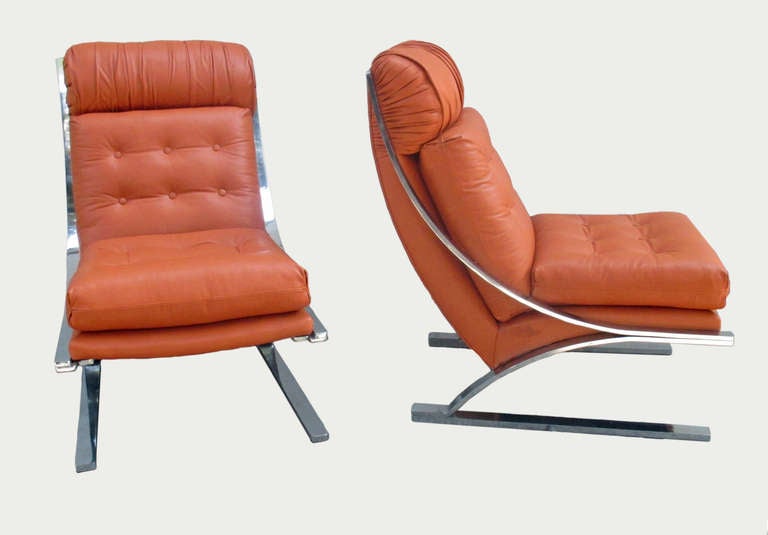 Mexican Pair Of Leather And Metal Lounge Chairs Rare Version 