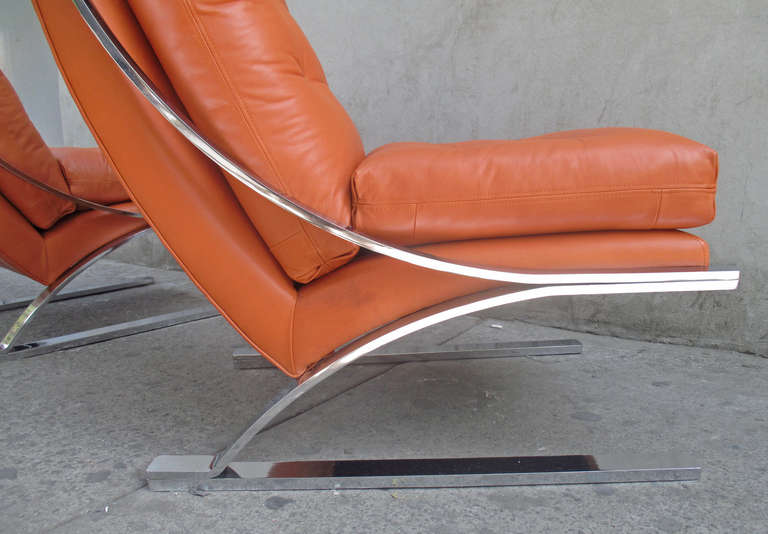 Chrome Pair Of Leather And Metal Lounge Chairs Rare Version 