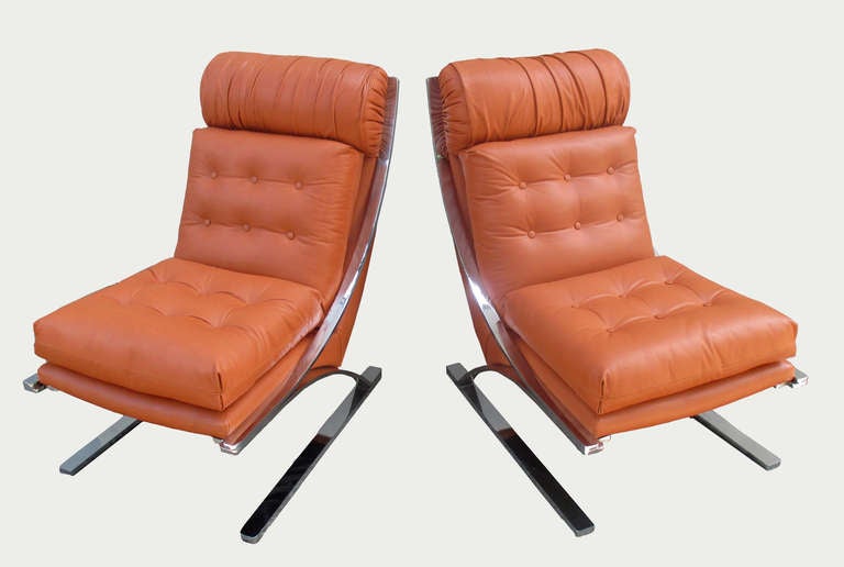 Pair Of Leather And Metal Lounge Chairs Rare Version 