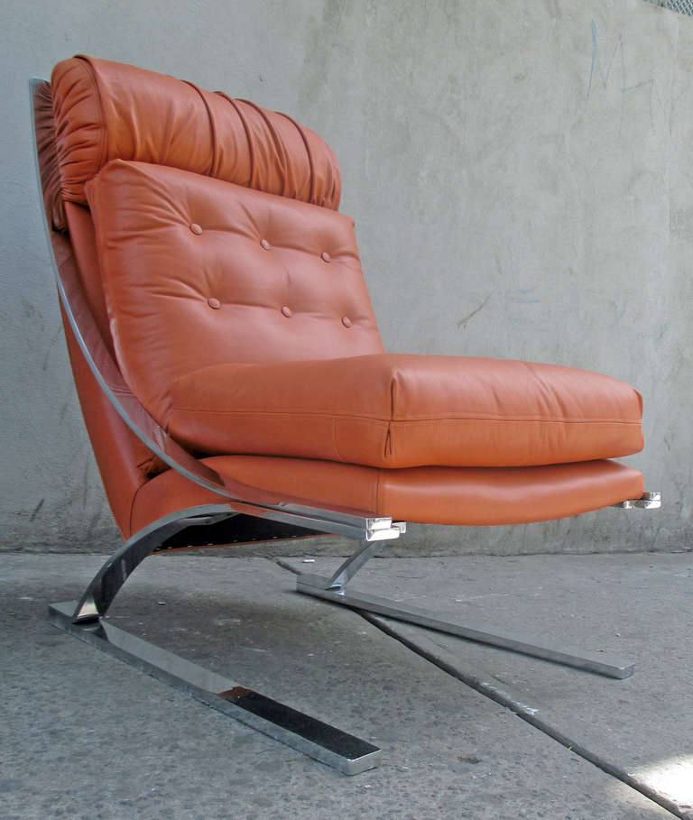 Pair Of Leather And Metal Lounge Chairs Rare Version 