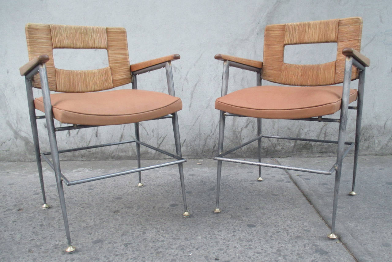 Bronze Pair of Midcentury Metal and Wicker Chairs
