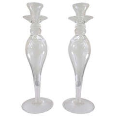 Steuben Pair of Candlesticks Clear Glass Signed