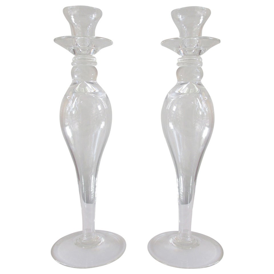 Steuben Pair of Candlesticks Clear Glass Signed