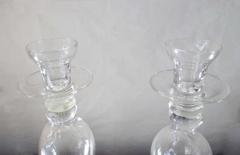 Mexican Steuben Pair of Candlesticks Clear Glass Signed