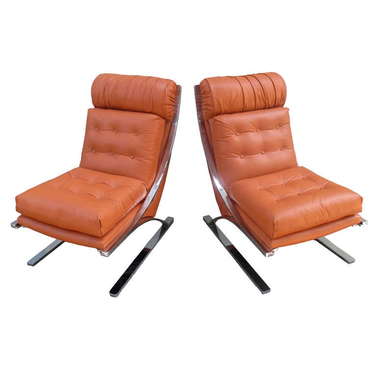 Pair Of Leather And Metal Lounge Chairs Rare Version "z" Chair By Paul