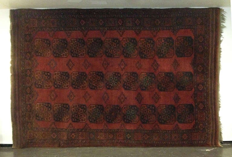 Hand knotted antique Turkmen carpet with tribal pattern