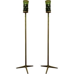 Mid Century Mexican Stand Bronze Lamps/Blown Glass Shades