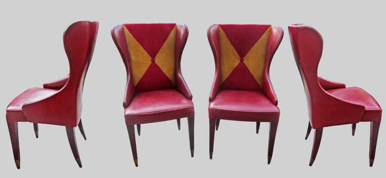 Four Bergere Chairs by Colber International Italy. In their original condition.
Upholstered in leather and velvet.