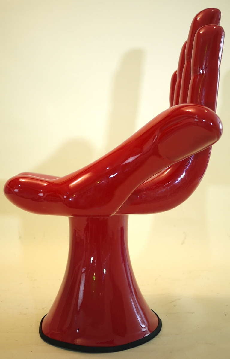 Limited edition hand chair made of fiberglass, signed at the bottom, yellow inside version.

Extremely small and unique edition for a light chair sculpture. Only 6 chairs made.

Friedeberg was born in Florence, Italy, on January 11, 1936, the