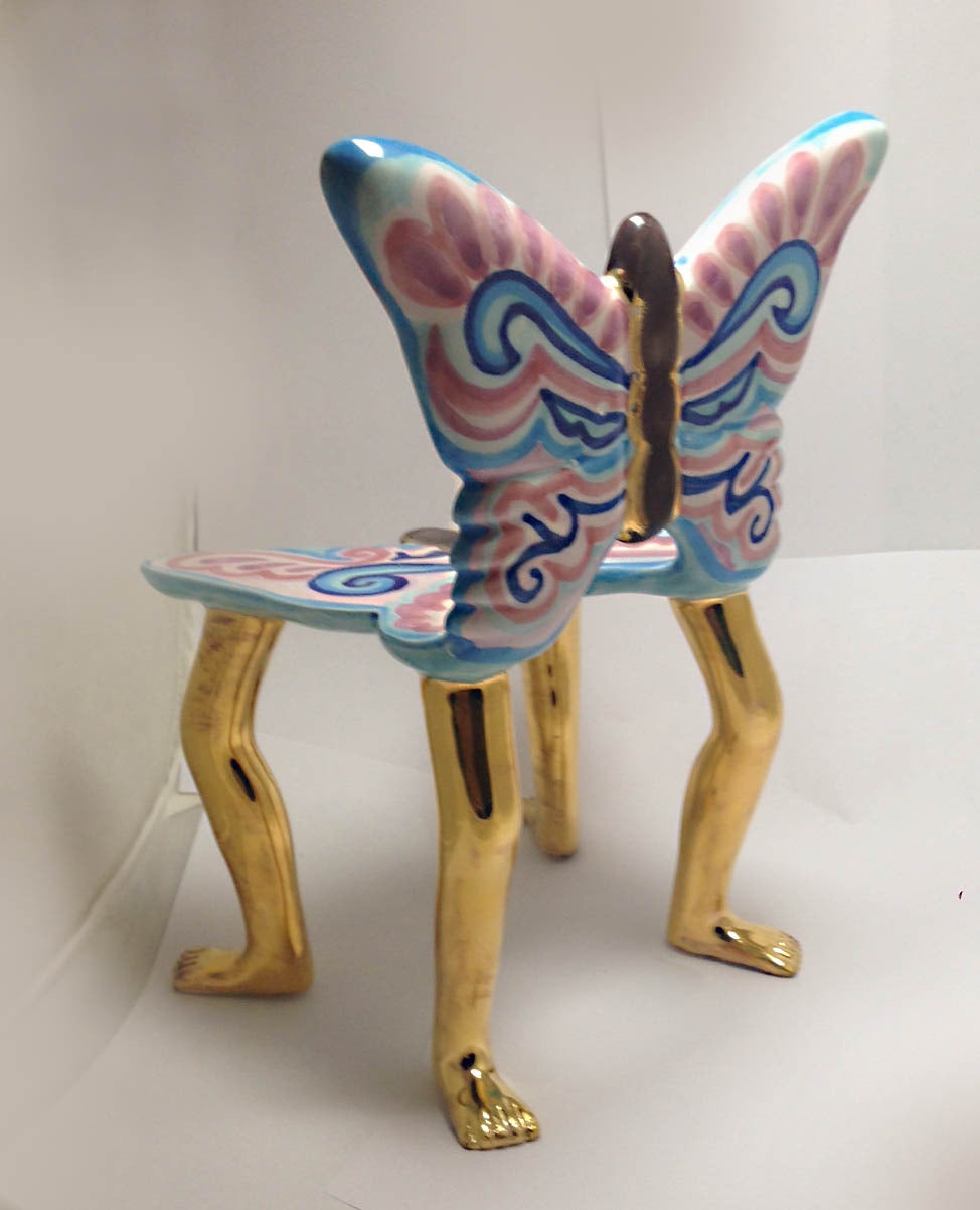 Pedro Friedeberg butterfly chair sculpture signed. Made in ceramic with gold wash 22-karat and enamels. Recent edition.