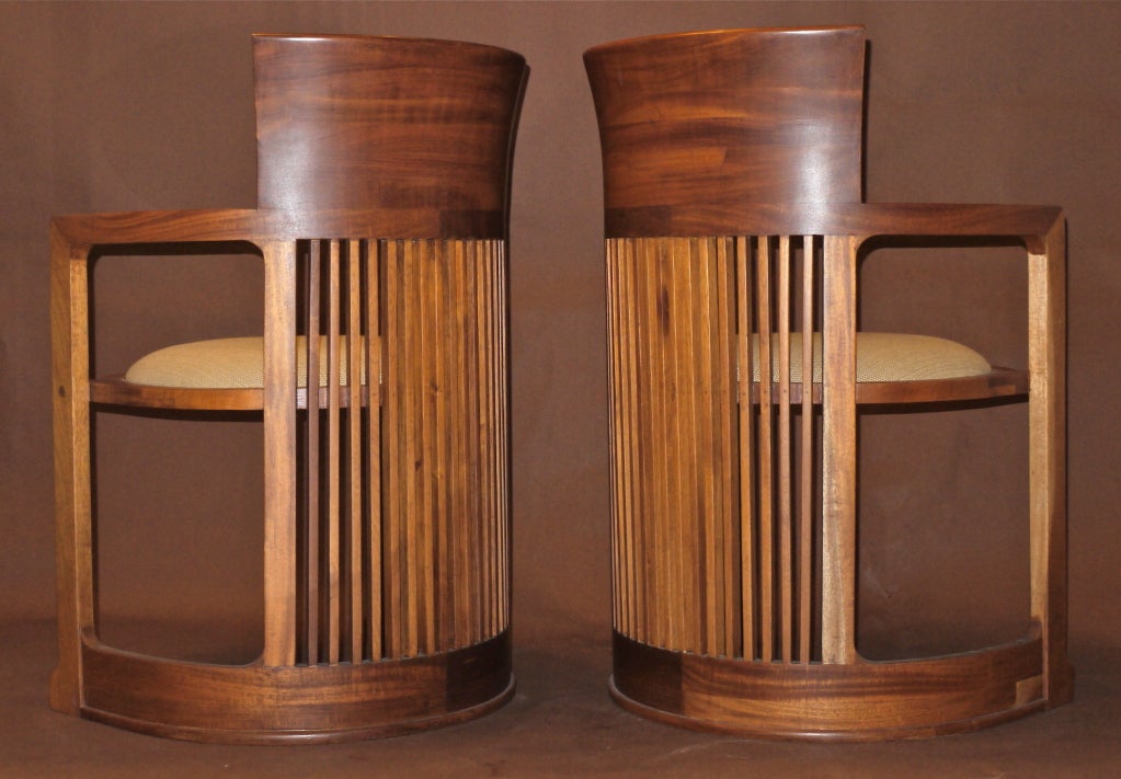 American Pair of wooden barrel chairs after Frank Lloyd Wright