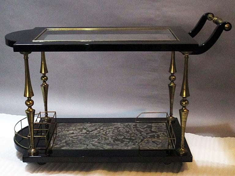 Mexican Arturo Pani Black Lacquered Wood And Brass Serving Trolley Car