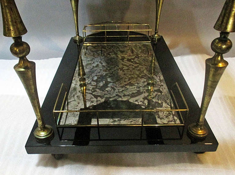 Arturo Pani Black Lacquered Wood And Brass Serving Trolley Car 5