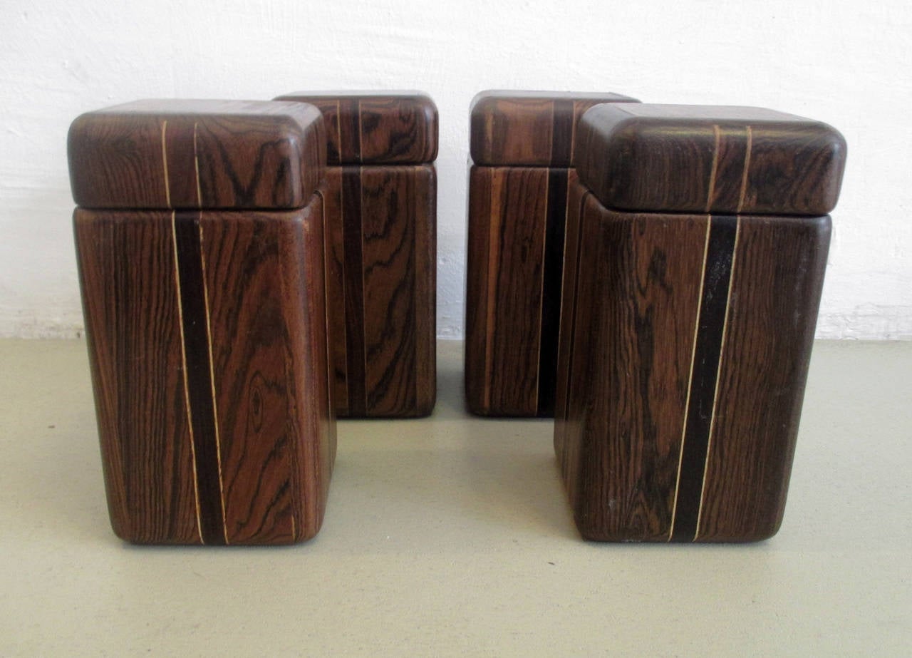 A set of four Don S. Shoemaker spice boxes in cocobolo tropical wood. Made in Michoacan Mexico.