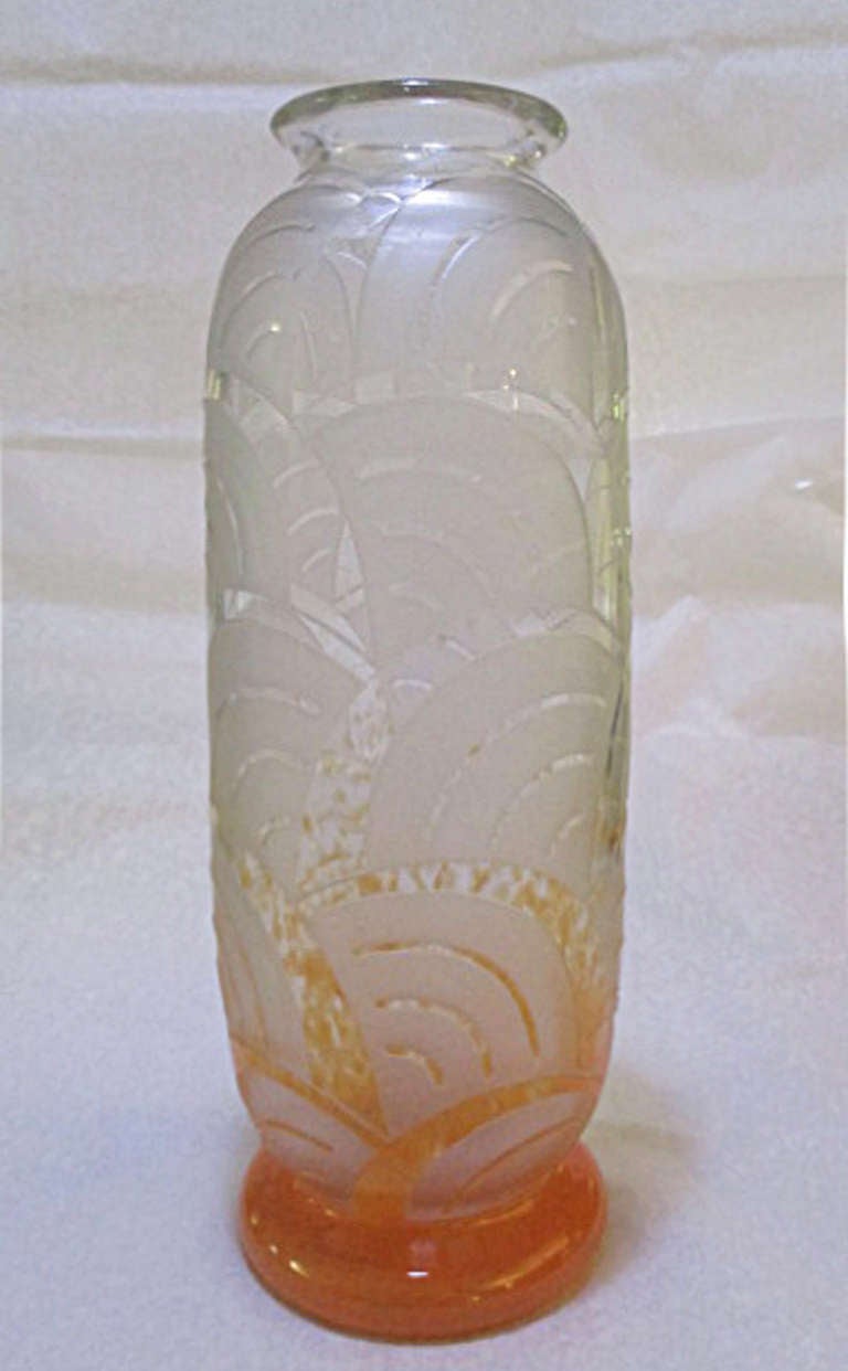 Le Verre Francais Etched Glass Vase. Signed