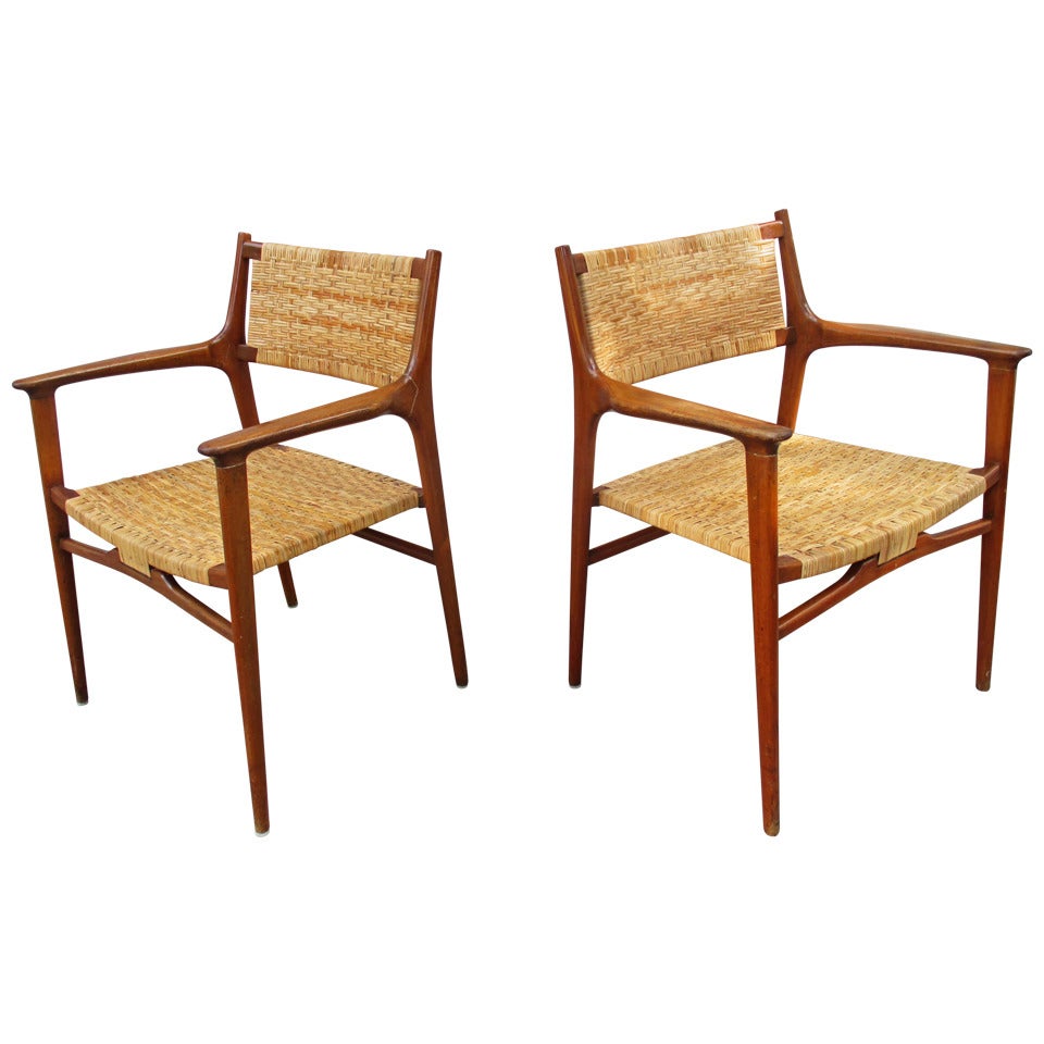 Pair of Teak and Cane Armchairs by Hans Wegner