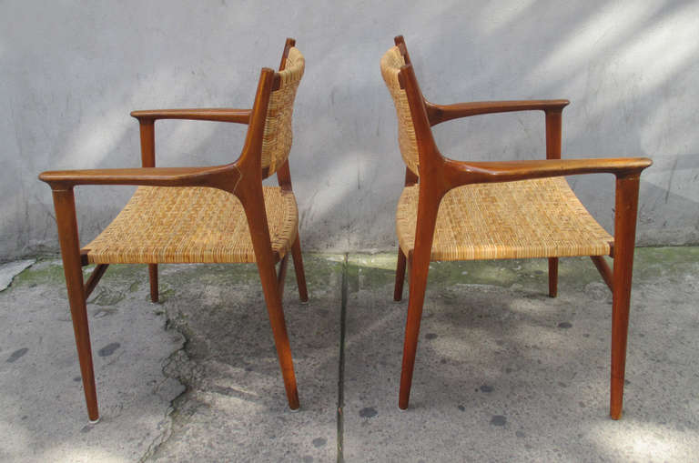 Mexican Pair of Teak and Cane Armchairs by Hans Wegner