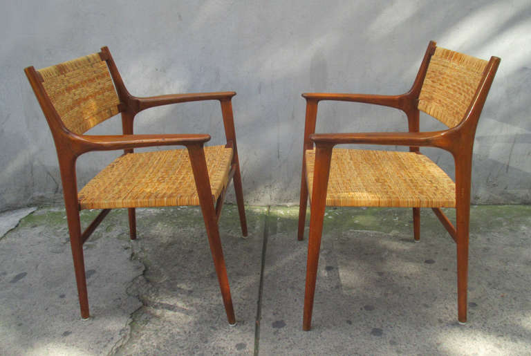 Mid-20th Century Pair of Teak and Cane Armchairs by Hans Wegner