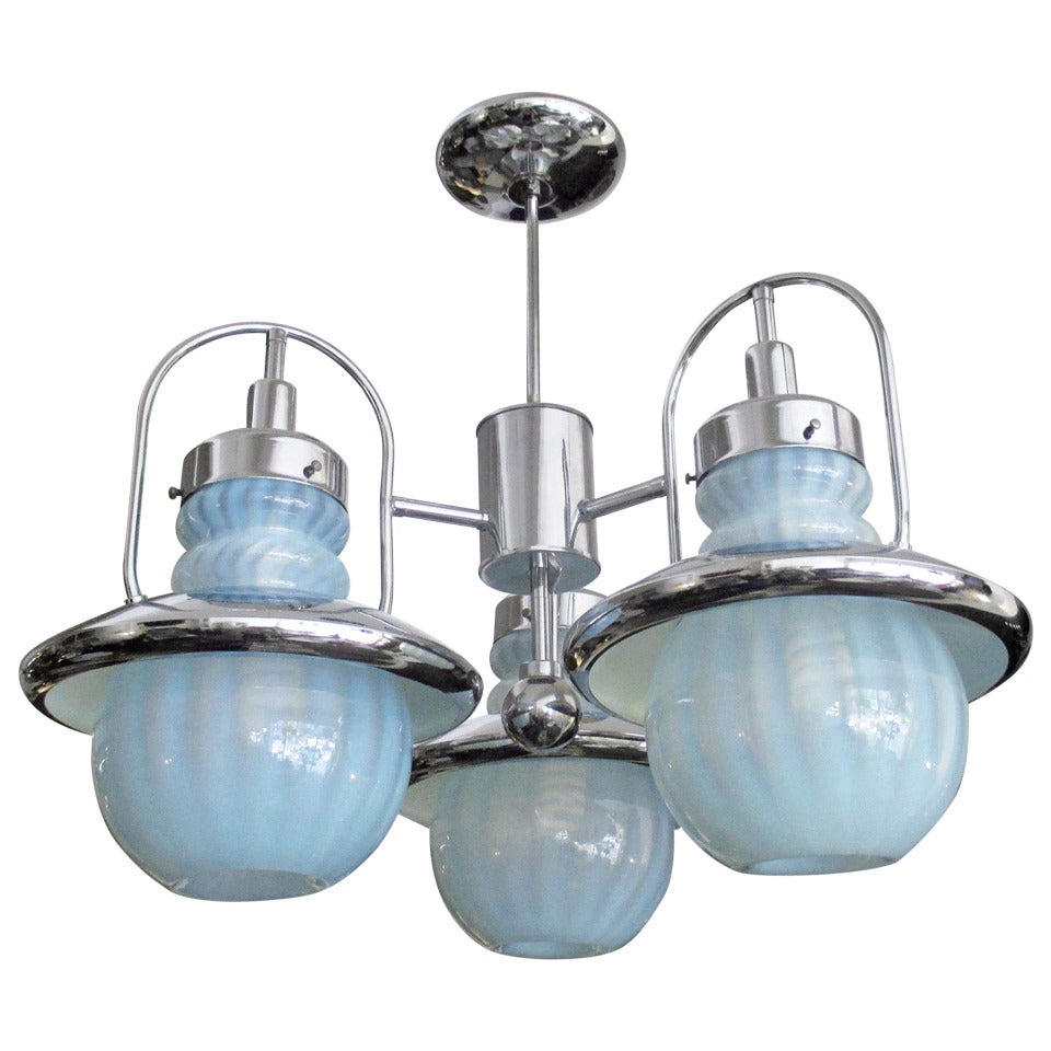 Mazzega Chandelier in Chrome and Opaline, Light Blue Glass