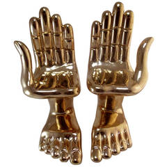 Pair of Pedro Friedeberg Hand/Foot Sculpture Porcelain 22K Gold Wash