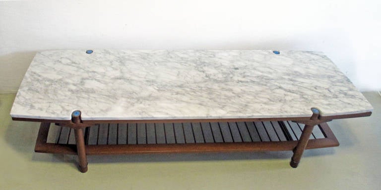 Midcentury Mexican Coffee Table of Wood, Marble and Enamel 1