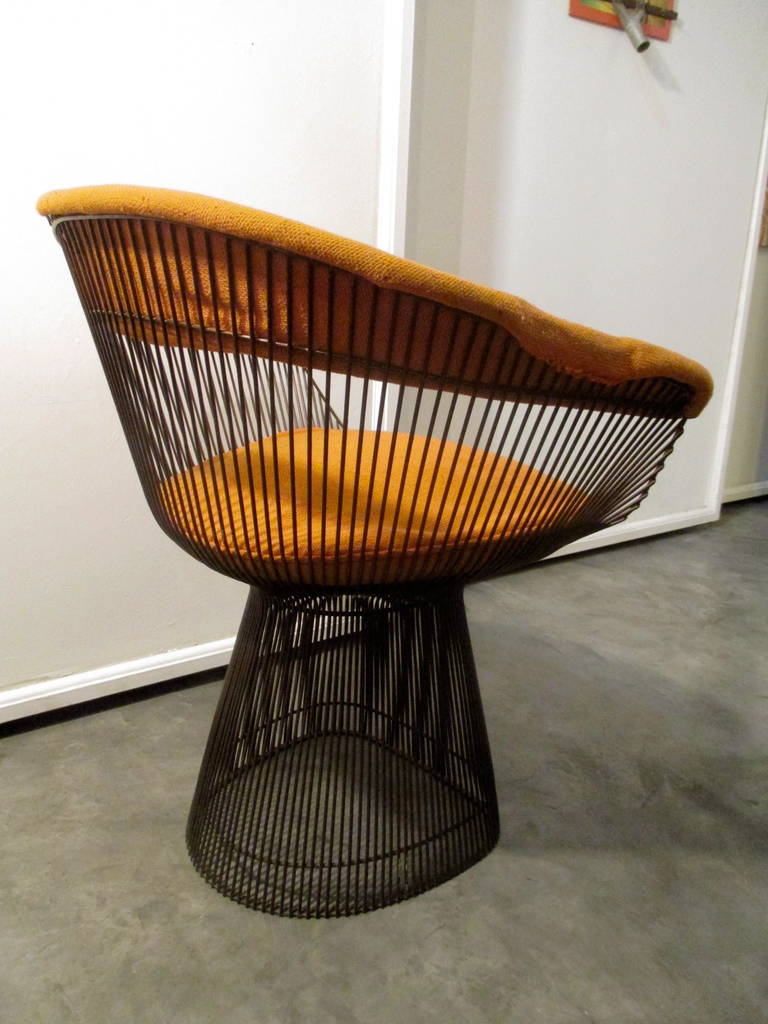 Set of 6 Warren Platner Chairs with rare bronze finish and original orange fabric.