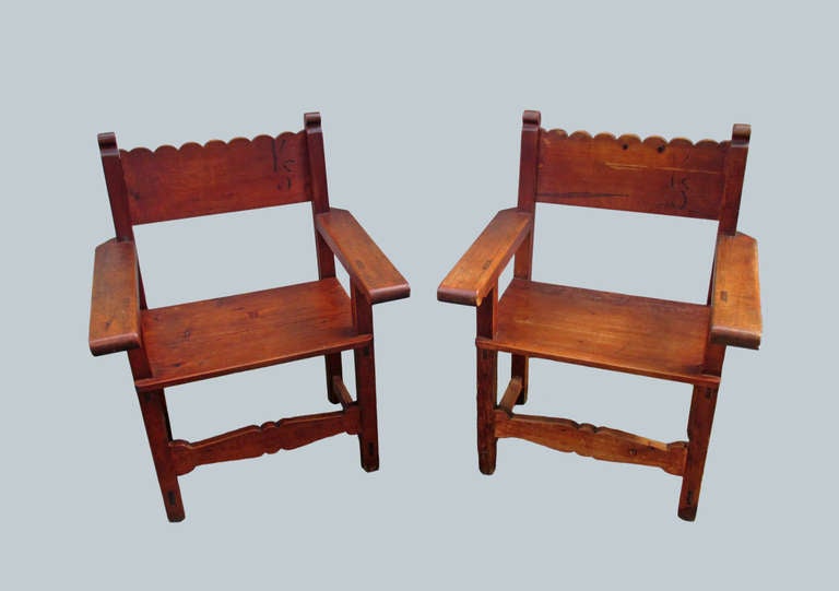 20th Century Pair of Wooden Antique Mexican Chairs Signed KS