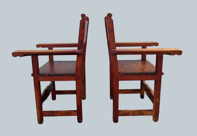 Pair of Wooden Antique Mexican Chairs Signed KS 1