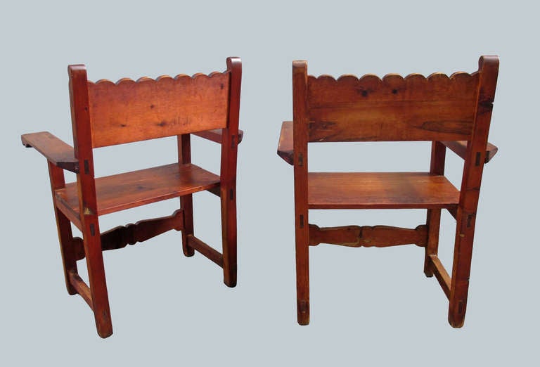 Pair of Wooden Antique Mexican Chairs Signed KS 2