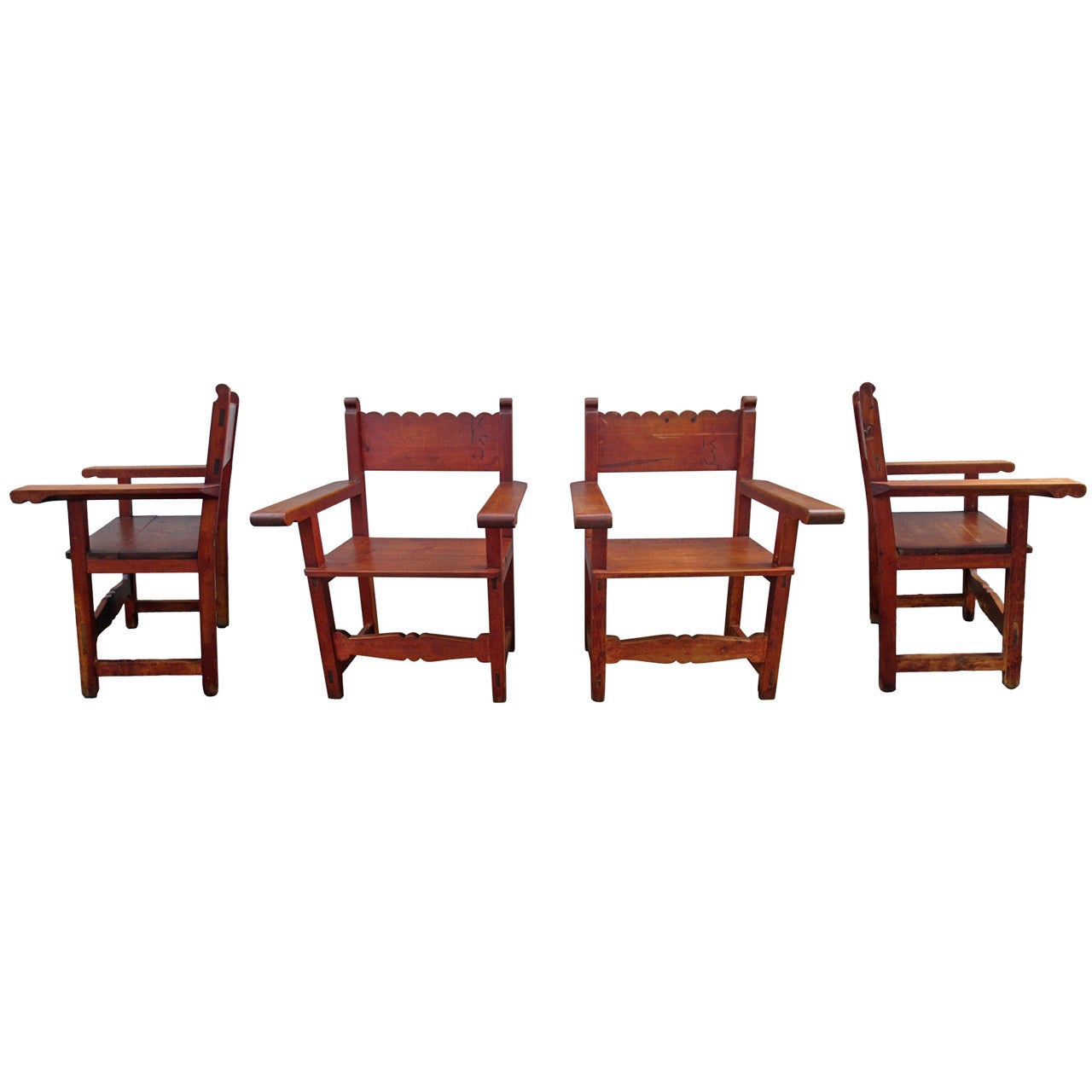 Pair of Wooden Antique Mexican Chairs Signed KS