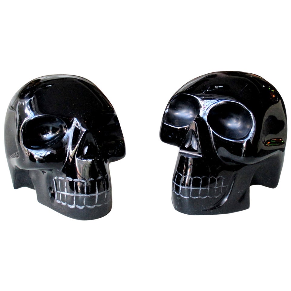 Pair Of Skull Bookends Made of Carved Obsidian