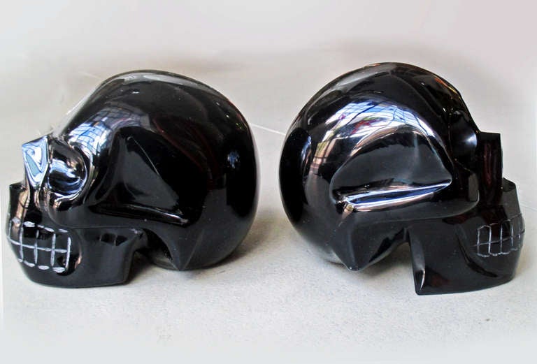 Pair Of Skull Bookends Made of Carved Obsidian 1