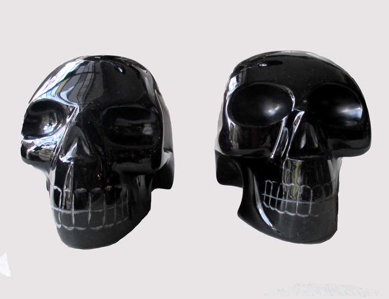 Pair Of Skull Bookends Made of Carved Obsidian 2
