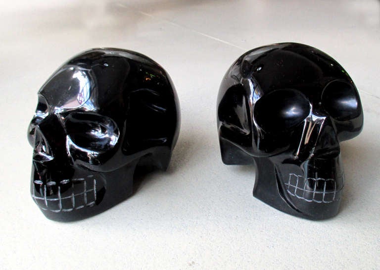 Pair Of Skull Bookends Made of Carved Obsidian 3