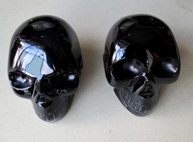 Pair Of Skull Bookends Made of Carved Obsidian 4