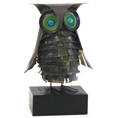 CURTIS JERE owl sculpture brass/enamel signed