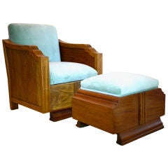 Antique Art Deco mahogany club chair with ottoman