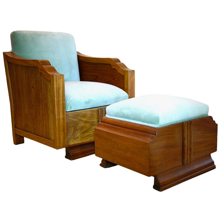 Art Deco mahogany club chair with ottoman