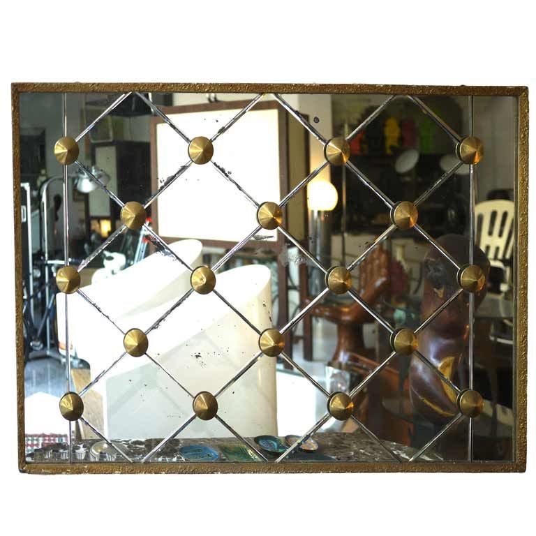 Large wall mirror 50`s brass diamond design