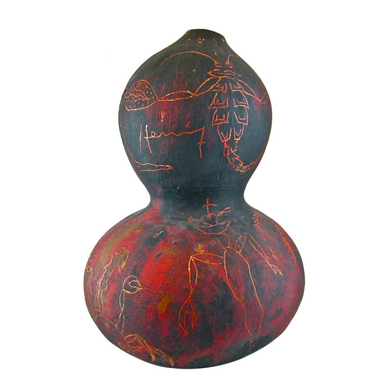 Sergio Hernández Bottle Gourd art piece certified carved "Guaje" For Sale