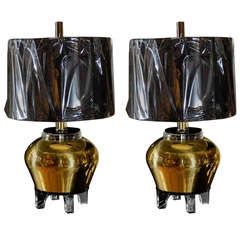 Mid Century Pair of Brass and Lucite Lamps