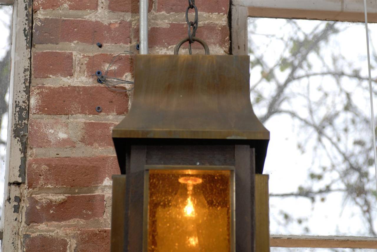 Arts and Crafts Copper Lantern with Amber Art Glass Panels In Good Condition In Atlanta, GA