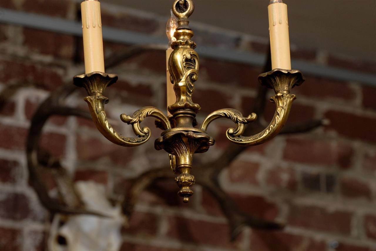 French Bronze, Three-Light Chandelier In Excellent Condition In Atlanta, GA